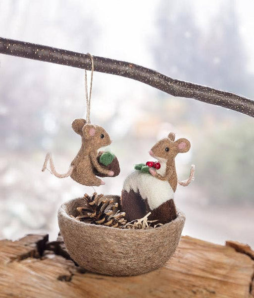 Mouse with Christmas Pudding Ornament-3"H