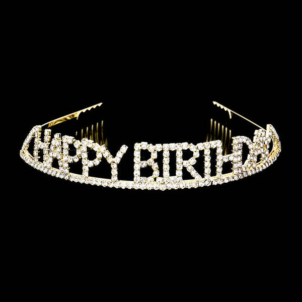 HAPPY BIRTHDAY Rhinestone Pave Party Tiara: Gold