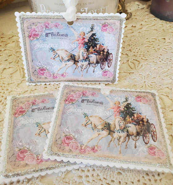 Christmas Angel Chariot n Roses Gift Tag Ornament Keepsake