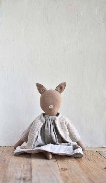 Plum the Pig – Heirloom Wool Doll in Island Cardigan and Linen Dress