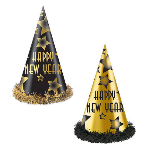 Black and Gold Happy New Year 12" Party Hats - 88328BKG25