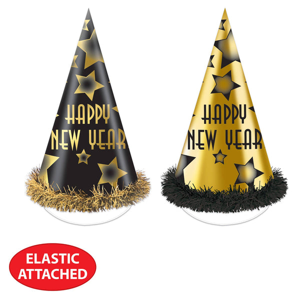 Black and Gold Happy New Year 12" Party Hats - 88328BKG25