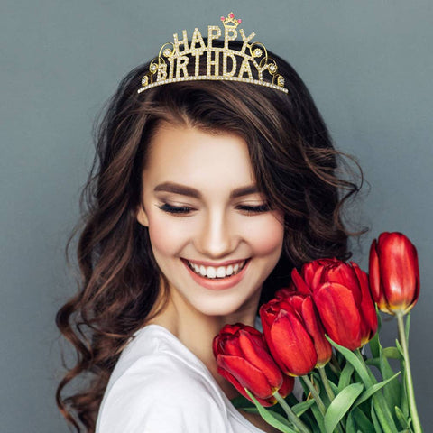 Rhinestone Paved HAPPY BIRTHDAY Message Princess Tiara: Yellow Gold