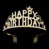 Rhinestone Paved HAPPY BIRTHDAY Message Princess Tiara: Yellow Gold