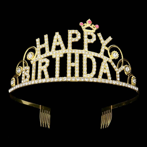 Rhinestone Paved HAPPY BIRTHDAY Message Princess Tiara: Yellow Gold