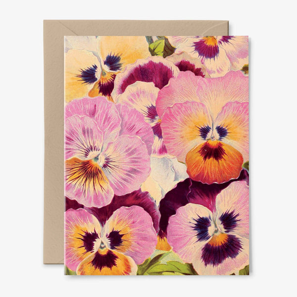 Pansies Greeting Card | Violas | Any Occasion | Floral | Vintage: Packaged in Plastic Sleeves