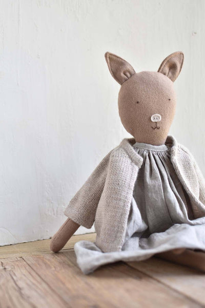 Plum the Pig – Heirloom Wool Doll in Island Cardigan and Linen Dress
