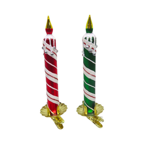 2 Asst Rd/Grn Striped Clip Candles Orn