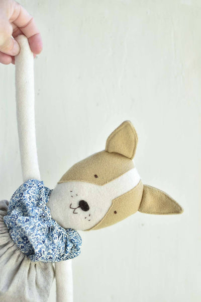 Fig the Frenchie –Heirloom Wool Doll in Liberty Floral Blouse & Flax Linen Skirt