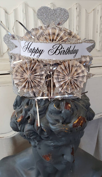 Crown Tiara Glitter n Ribbon: Cream Music Notes / Happy Birthday
