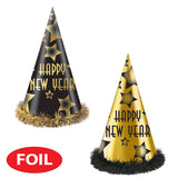 Black and Gold Happy New Year 12" Party Hats - 88328BKG25