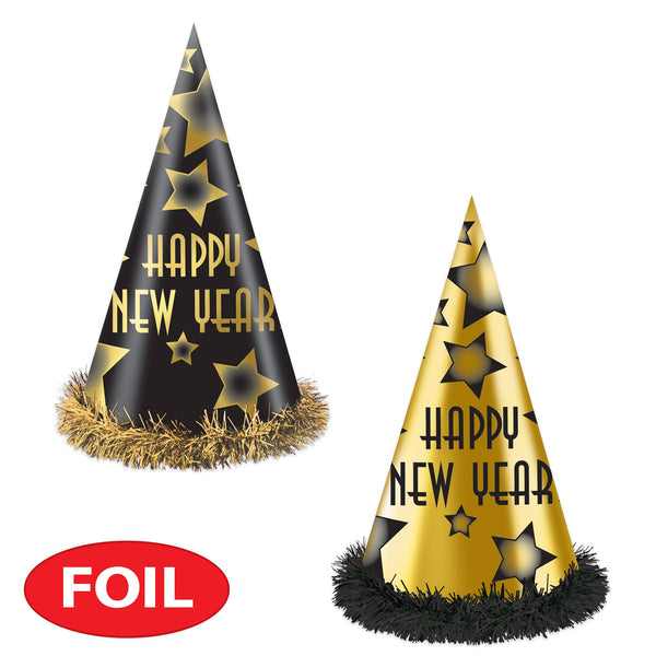 Black and Gold Happy New Year 12" Party Hats - 88328BKG25
