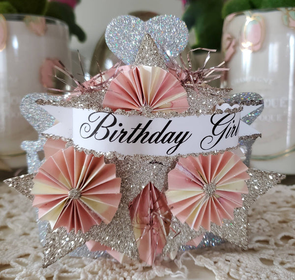 Crown Tiara Glitter n Ribbon: Cream Music Notes / Happy Birthday