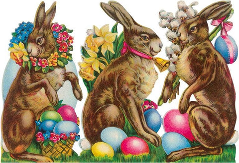 Postcard EA-113 Three Rabbits with Eggs and Flowers