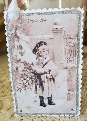 Vintage French Postcard Christmas Boy n Snow Gift Tag