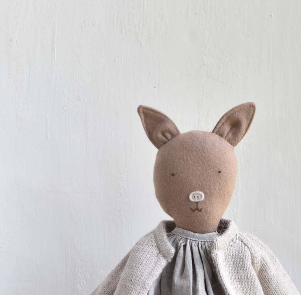 Plum the Pig – Heirloom Wool Doll in Island Cardigan and Linen Dress