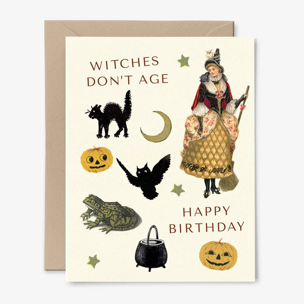 Witches Don't Age Happy Birthday Card | Collage | Halloween: Packaged in Plastic Sleeves