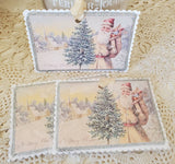 Postcard Santa n Tree Glitter Gift Tag Ornament Keepsake: Small Gift Tag