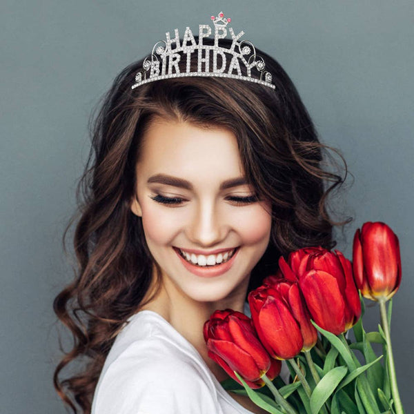 Rhinestone Paved HAPPY BIRTHDAY Message Princess Tiara: Yellow Gold