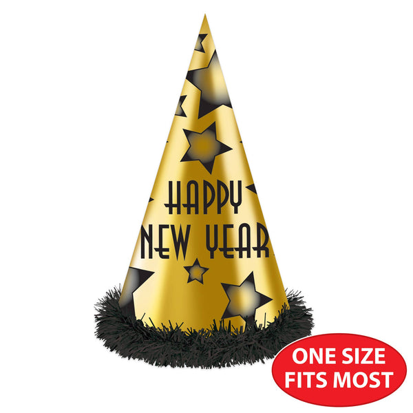 Black and Gold Happy New Year 12" Party Hats - 88328BKG25