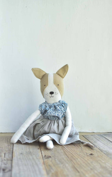 Fig the Frenchie –Heirloom Wool Doll in Liberty Floral Blouse & Flax Linen Skirt