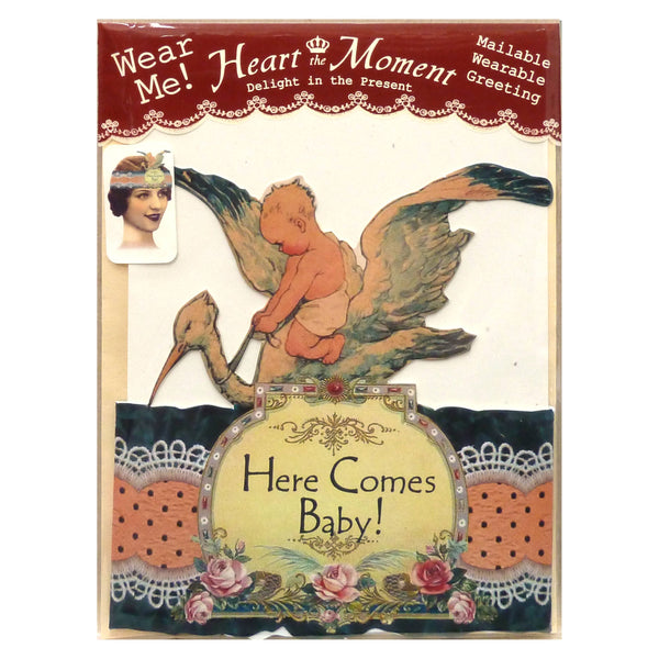 Greeting Card with Tiara, Here Comes Baby, Stork