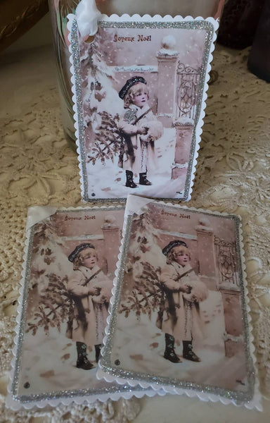 Vintage French Postcard Christmas Boy n Snow Gift Tag
