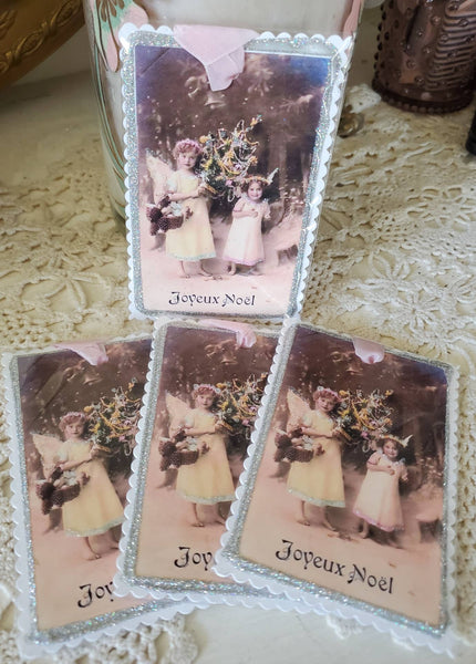 Christmas Gift Tag Ornament Angels Joyeux Noel