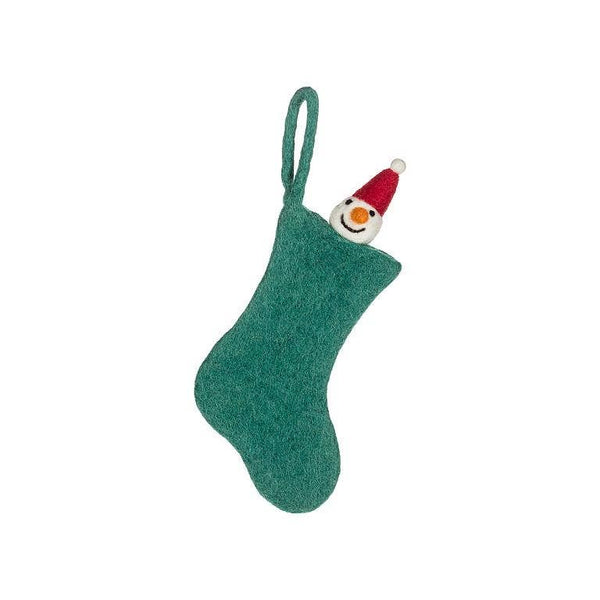 Mini Stocking with Snowman Ornament-Green-7.5"H