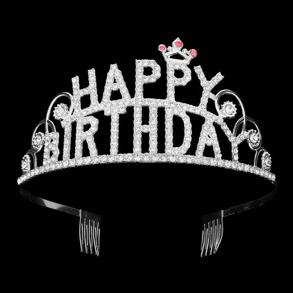 Rhinestone Paved HAPPY BIRTHDAY Message Princess Tiara: Silver