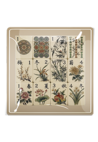 Four Seasons Mahjong Decoupage Glass Tray - Square: 6"X 6"