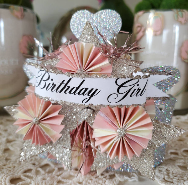 Crown Tiara Glitter n Ribbon: Cream Music Notes / Happy Birthday