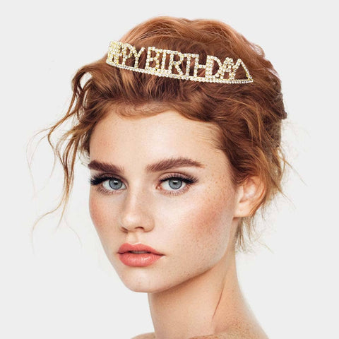 HAPPY BIRTHDAY Rhinestone Pave Party Tiara: Gold