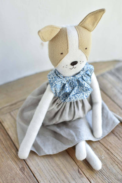 Fig the Frenchie –Heirloom Wool Doll in Liberty Floral Blouse & Flax Linen Skirt