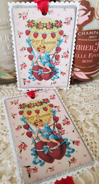 Valentine Gift Tag Cherub n Hot Air Balloon