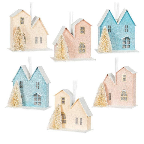Pastel House & Tree Ornaments- Set of 6 - 3.5"H
