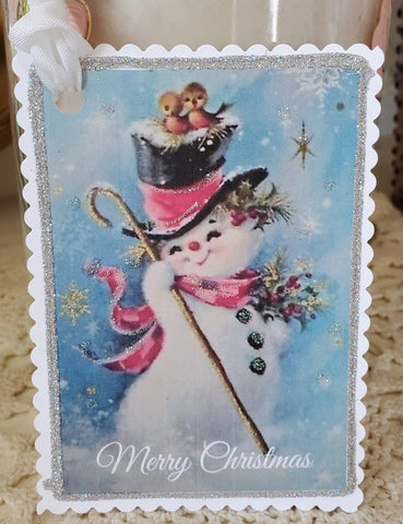 Christmas Retro Snowman n Birds Gift Tag Ornament