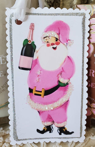 Christmas Gift Tag Pink Santa Champagne