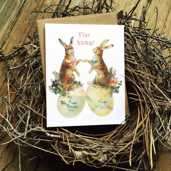 Cute Easter Card - Two Easter Bunnies Fist Bump; Victorian card; Vintage card; Cute Rabbits Easter card; Funny Easter Card