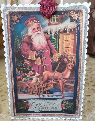 Christmas Santa Sleigh n Deer Gift Tag Ornament