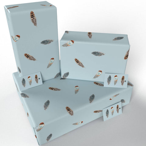 Blue Feathers Wrapping Paper • 100% Recycled • Vegan Ink