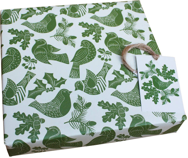 Christmas Folk Robins Green Wrapping Paper • 100% Recycled