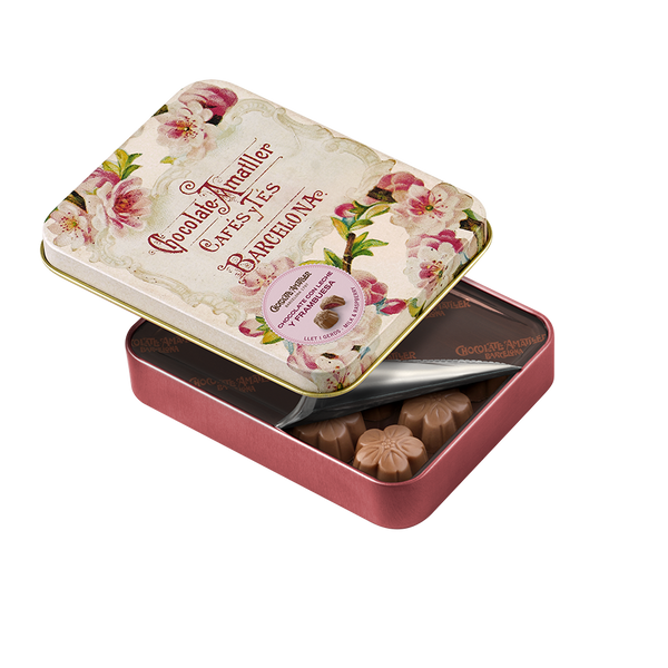 Milk Chocolate Raspberry Flowers Leaves in Tin