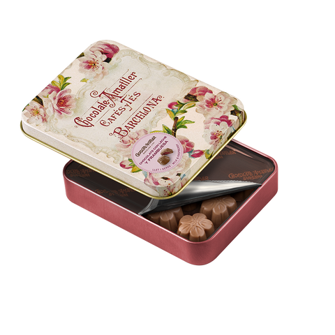 Milk Chocolate Raspberry Flowers Leaves in Tin