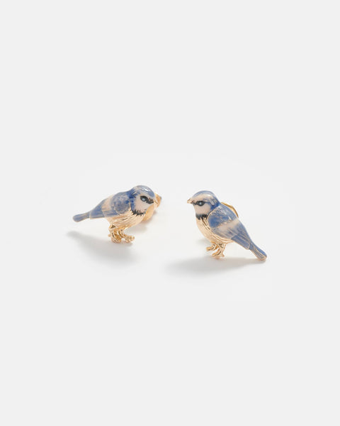 Gold Enamel Blue Tit Stud Earrings - Green Box