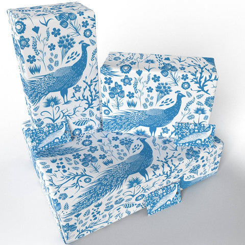 Blue Peacocks Wrapping Paper • 100% Recycled • Vegan Ink