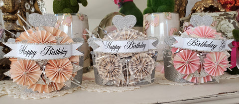 Crown Tiara Glitter n Ribbon: Cream Music Notes / Happy Birthday