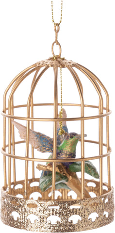 G79455 Purple/green/blue hummingbird in gold cage painted re