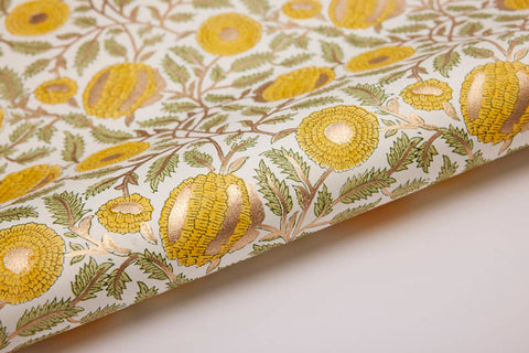 Hand Block Printed Gift Wrap Sheets -Marigold Glitz Sunshine