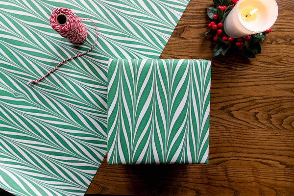 Hand Marbled Gift Wrap Sheets - Candy Stripes Green